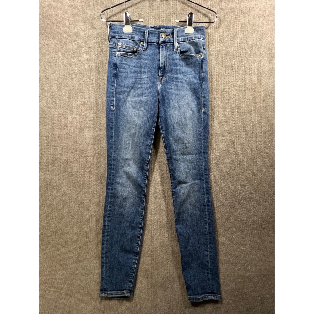 Good American Good Legs High Rise Skinny Jeans Blue Wash Distressed Size 27